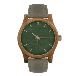 Dřevěné pánské hodinky šedo-zelené barvy s koženým řemínkem