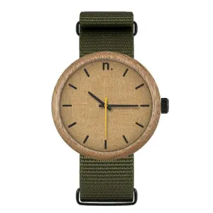 Dřevěné pánské hodinky zeleno-béžové barvy s textilním řemínkem