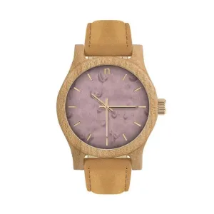 Hnědo-fialové dřevěné hodinky s koženým řemínkem pro dámy #2231722