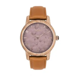 Hnědo-fialové dřevěné hodinky s koženým řemínkem pro dámy #2231745