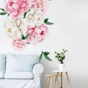 Květinová sada nálepek s motivem růžovo-bílých pivoněk