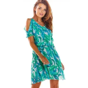 Letní dámské šaty zelené barvy s motivem listů