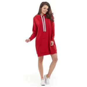 Mikinové dámské šaty červené barvy s kapucí
