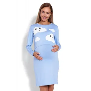 Modrá noční košile s krytým krmným panelem pro maminky - mraky