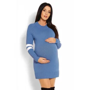 Těhotenské modré šaty s polorolák a pruhy na rukávu