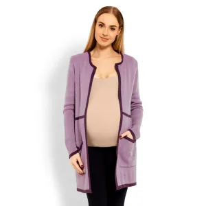 Těhotenský dlouhý kardigán s kapsami ve fialové barvě