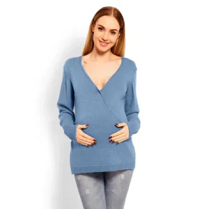 Těhotenský modrý vlněný svetr s V výstřihem