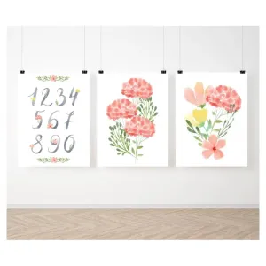 Závěsná sada malovaných plakátů s květinami a čísly