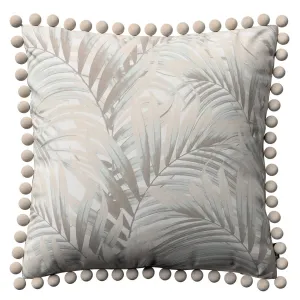 Dekoria Věra - potah na polštář ozdobné bambulky po obvodu, béžovo-krémové palmové listy bílém podkladu, 45 x 45 cm, Gardenia, 142-14