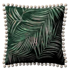 Dekoria Věra - potah na polštář ozdobné bambulky po obvodu, stylizované palmové listy na zeleném podkladu, 45 x 45 cm, Velvet, 704-21