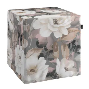 Dekoria Sedák Cube - kostka pevná 40x40x40, krémové a růžové květy na šedém podkladu, 40 x 40 x 40 cm, Gardenia, 142-13