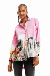 Bavlněné tričko Desigual růžová barva, relaxed, s klasickým límcem