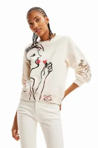 Bavlněná mikina Desigual x Disney dámská, bílá barva, s kapucí, vzorovaná