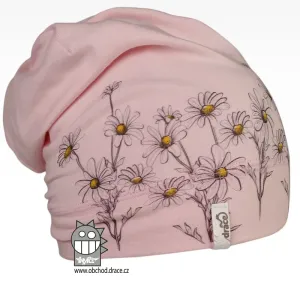 Bavlněná čepice Polo - vzor 62 - kopretiny - růžová světlá