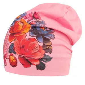 Bavlněná čepice Polo - vzor 72 - světle růžová  - kytky