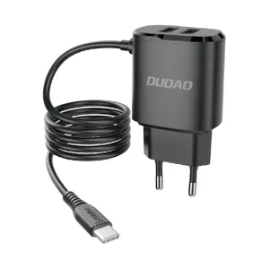 Dudao A2Pro síťová nabíječka 2x USB + vestavěný USB-C kabel 12W, černá (A2ProT black)