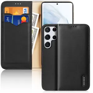 Dux Ducis Hivo kožené pouzdro s klopou z přírodní kůže na karty a doklady Samsung Galaxy S22 Ultra černé
