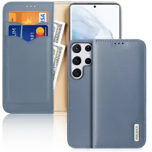 Dux Ducis Hivo kožené pouzdro s klopou z přírodní kůže na karty a doklady Samsung Galaxy S22 Ultra blue