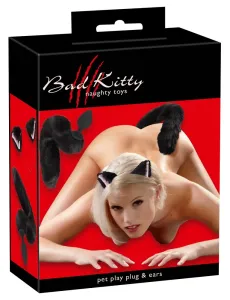 Bad Kitty pet play - sada kočičí ouška + anální dildo s kočičím ocasem - černé (2 dílná sada)