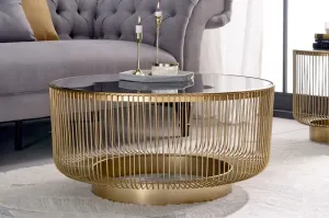 Estila Art deco kulatý konferenční stolek Esme se zlatou kovovou konstrukcí a černou skleněnou deskou 80cm