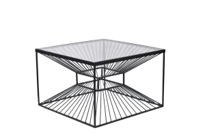 Estila Industriální čtvercový konferenční stolek Esme s podstavou s kabelovým designem a skleněnou vrchní deskou černá 60 cm