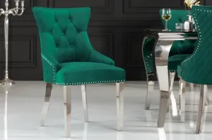Estila Zámecká stylová jídelní židle Eleanor se sametovým smaragdově zeleným čalouněním a stříbrnými nohami 94cm