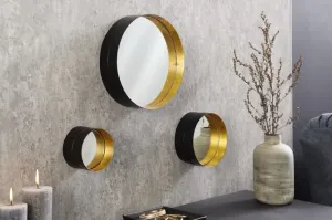 Estila Designový art deco set tří nástěnných zrcadel Patagonia s kulatým kovovým rámem zlaté a černé barvy