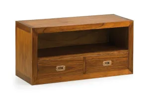 Estila Designový dřevěný TV stolek Star se dvěma zásuvkami a poličkou 90cm