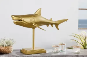 Estila Zlatá designová dekorace žralok Perry z kovové slitiny na podstavci 68cm