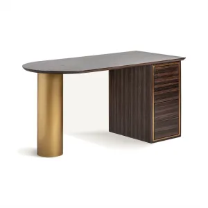 Estila Luxusní art deco dřevěný psací stůl se čtyřmi šuplíky Lea se zlatou kovovou nohou s glamour nádechem 150 cm