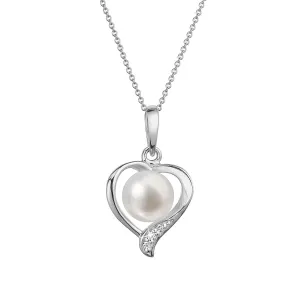 Evolution Group Zlatý 14 karátový náhrdelník srdce bílé zlato s bílou říční perlou a brilianty 82PB00049