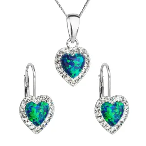 Evolution Group Sada šperků se syntetickým opálem a krystaly Swarovski náušnice a přívěšek zelené srdce 39161.1