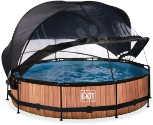 Bazén se stříškou krytem a filtrací Wood pool Exit Toys kruhový ocelová konstrukce 360*76 cm hnědý od 6 let