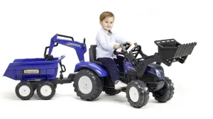 Traktor šlapací New Holland T modrý s přední i zadní lžící
