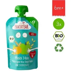 FruchtBar BIO 100% recykovatelná ovocná kapsička s jablkem, broskví, meruňkami a ovsem 3× 100 g