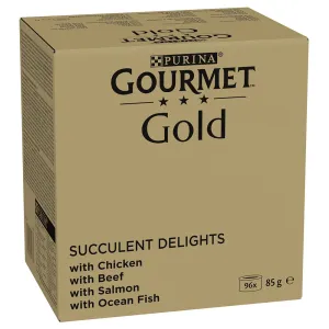 Gourmet Gold Jumbo Pack Juicy Fine Strips 96 x 85 g - kuřecí, mořské ryby, hovězí, losos