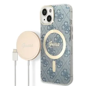 Guess GUBPP14SH4EACSB Case + Wireless Charger Apple iPhone 14 blue hard case 4G Print MagSafe