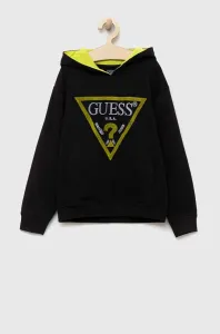 Dětská bavlněná mikina Guess černá barva, s kapucí, s aplikací #5624923