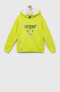 Dětská bavlněná mikina Guess zelená barva, s kapucí, s aplikací #5658278