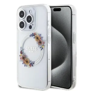 Pouzdro Guess PC/TPU Flowers Ring Glossy Logo MagSafe Apple iPhone 14 PRO Transparent