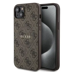 Guess 4G Collection Kožené pouzdro MagSafe s kovovým logem pro iPhone 15 Plus / 14 Plus - hnědé