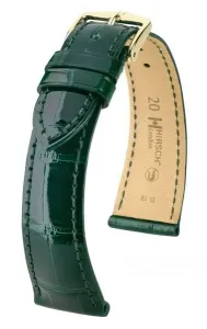Řemínek Hirsch London Alligator - tmavě zelený, lesk - 14 mm - M – Střední délka - 12 mm - Zlatá + 5 let záruka, pojištění a dárek ZDARMA