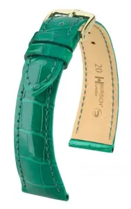 Řemínek Hirsch London Alligator - zelený, lesk - 19 mm - L – Standardní délka (doporučujeme) - 16 mm - Zlatá + 5 let záruka, pojištění a dárek ZDARMA
