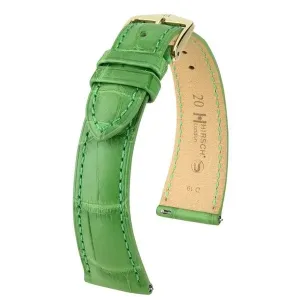 Řemínek Hirsch London Alligator - zelený, mat - 18 mm - L – Standardní délka (doporučujeme) - 16 mm - Zlatá + 5 let záruka, pojištění a dárek ZDARMA
