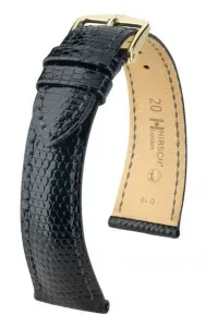 Řemínek Hirsch London Lizard - černý, lesk - 18 mm - M – Střední délka - 16 mm - Zlatá + 5 let záruka, pojištění a dárek ZDARMA