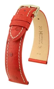 Řemínek Hirsch Massai Ostrich - červený, bílé prošití - 19 mm - L – Standardní délka (doporučujeme) - 14 mm - Zlatá + 5 let záruka, pojištění a dárek ZDARMA