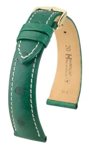 Řemínek Hirsch Massai Ostrich - zelený, bílé prošití - 18 mm - L – Standardní délka (doporučujeme) - 16 mm - Zlatá + 5 let záruka, pojištění a dárek ZDARMA