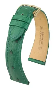 Řemínek Hirsch Massai Ostrich - zelený - 19 mm - L – Standardní délka (doporučujeme) - 14 mm - Zlatá + 5 let záruka, pojištění a dárek ZDARMA
