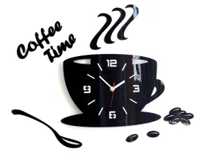 Moderní nástěnné hodiny COFFEE TIME 3D BLACK  (nalepovací hodiny na stěnu)