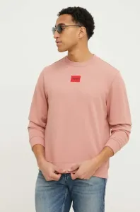 Bavlněná mikina HUGO pánská, růžová barva, s aplikací